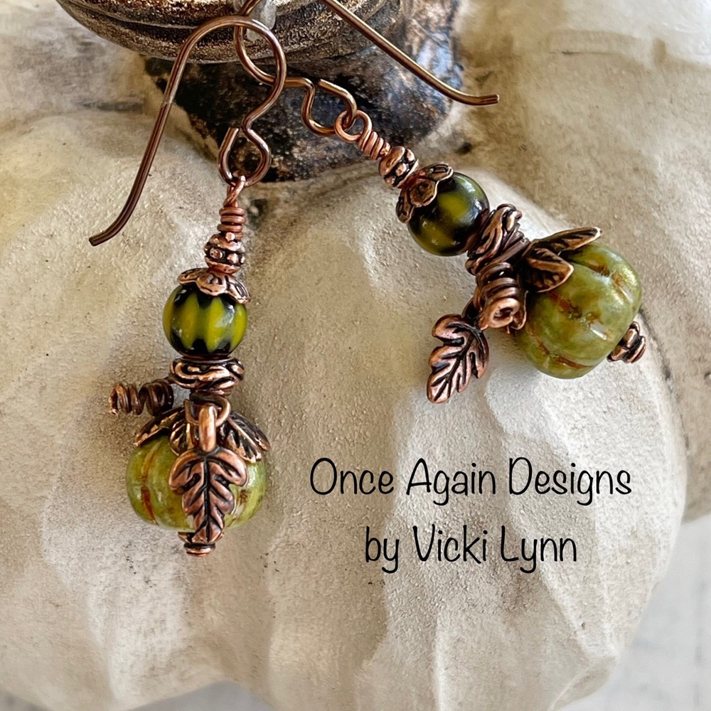 Hand Crafted “Green Jade Knight Pumpkin” Dangle Earrings - Picture 7 of 11